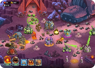 Kingdom Rush is een gevechtskaart die zich afspeelt in een duistere fantasy-kerker, waar helden, monsters en verdedigingstorens zich een weg banen door golven van vijanden.