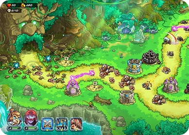 Gameplaybeelden van Kingdom Rush tonen een kleurrijke boskaart met kronkelende paden en verdedigingstorens die zijn geplaatst om golven vijanden tegen te houden in een klassiek tower defense strategiespel.