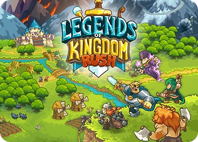 Een gameplayscène uit Legends of Kingdom Rush met helden, torens en vijanden die strijden op een levendige fantasiewereldkaart in dit tactische tower defense strategiespel.