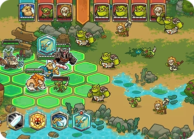 Kingdom Rush is een tactische gameplay-map met een raster van torens, helden en vijanden die zich voortbewegen over paden in een kleurrijke, fantasierijke tower defense-omgeving.
